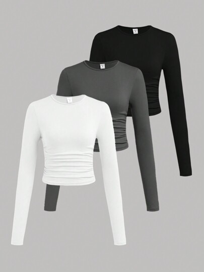 SHEIN EZwear 3pcs/Set Women Plus Size Solid Color Crew Neck Ruched Long Sleeve Casual T-Shirts Autumn And Winter