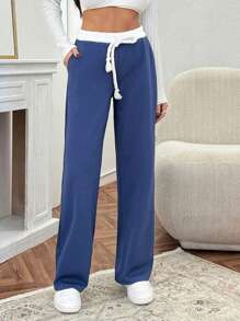 EURMUSE Women's Solid White Drawstring Waist Detailed Pants - Blue and White - View 3