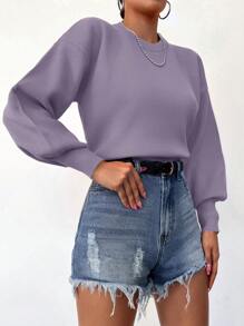 EURMUSE Women's Solid Color Crew Neck Long Sleeve Minimalist Sweater, Casual For Daily Wear - Lilac Purple - View 3