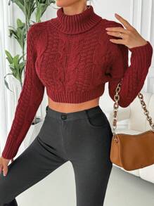 SHEIN Unity Women's Solid Color High Neck Long Sleeve Simple Sweater, Casual For Daily Wear Knit Pullover Fall Winter - Burgundy - View 3