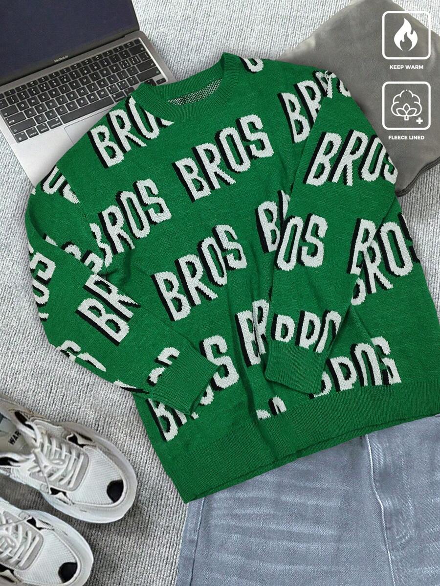Manfinity Hypemode Men's Letter Crew Neck Colorful Long Sleeve Casual Pullover Green Sweater, Autumn/Winter, For Going Out, Friends - Green - View 1