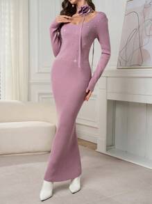 Modelyn Women Rhinestone Decorated Round Neck Long Sleeve Casual Sweater Dress - Pink - View 4