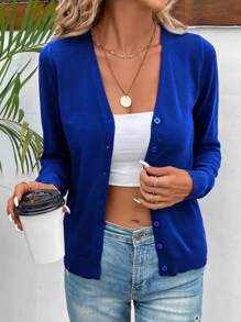 SHEIN LUNE Spring And Autumn Vacation Casual Solid Color Cardigan - Blue - View 5