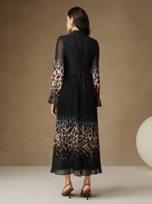 Anewsta Holiday Gradient Pleated Print Women Dress - Black - View 3