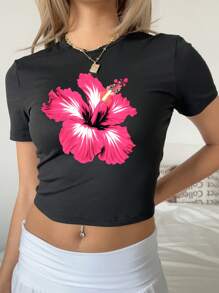 SHEIN EZwear 3 件套休闲简约花卉印花圆领短袖紧身短款女式 T 恤，夏季 - 彩色 - 查看 3