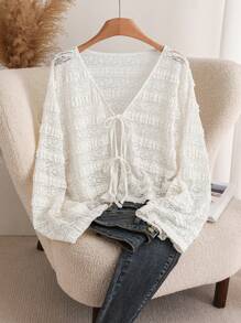 SHEIN Frenchy Plus Size Women Tie Chest V-Neck Frill Trim Top - White - View 5