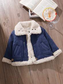 Baby Boys & Baby Girls & Unisex Baby Clothes Winter Outfit Teddy Lined Zip Up Turndown Collared Motorcycle Jacket - Blue - View 4