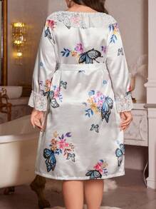 LuxeNights Camisón de manga larga de talla grande con estampado de mariposas y flores, con aplicaciones de encaje