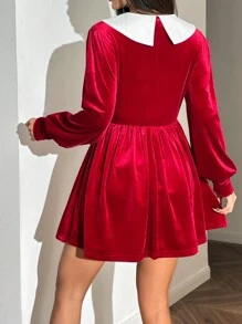 SHEIN EZwear Contrast Color Peter Pan Collar Elegant Long Sleeve Velvet Dress