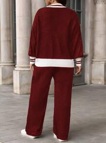 Calvaya Plus Size Women's Stripe Single-Breasted Cardigan And Sweater With Trousers Casual Outfit, Autumn/Winter - Burgundy - View 2