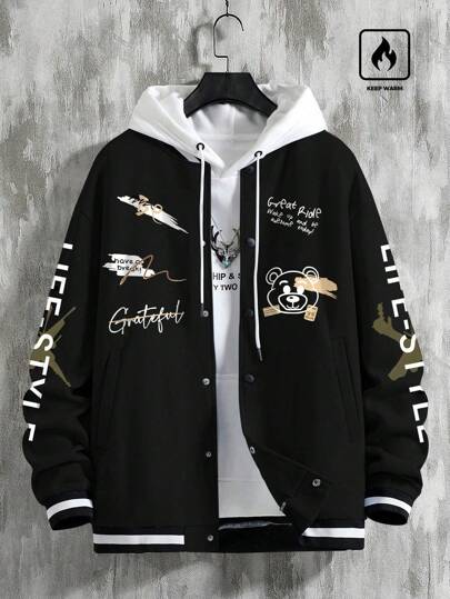 Manfinity Homme 男士长袖宽松涂鸦印花保暖棒球夹克，适合秋冬季穿着