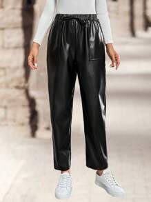 EMERY ROSE Quần da PU thường ngày cho nữ, phong cách tối giản để mặc hàng ngày - màu đen - Xem 5