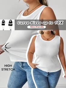 SHEIN CURVE+ Curve Plus Basic Figure-Flattering Sleeveless Round Neck White Tank Top Camisole For Autumn, For Summer