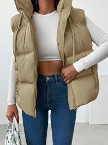 EURMUSE Zip Up Drawstring Hooded Puffer Vest Coat - Beige - View 1