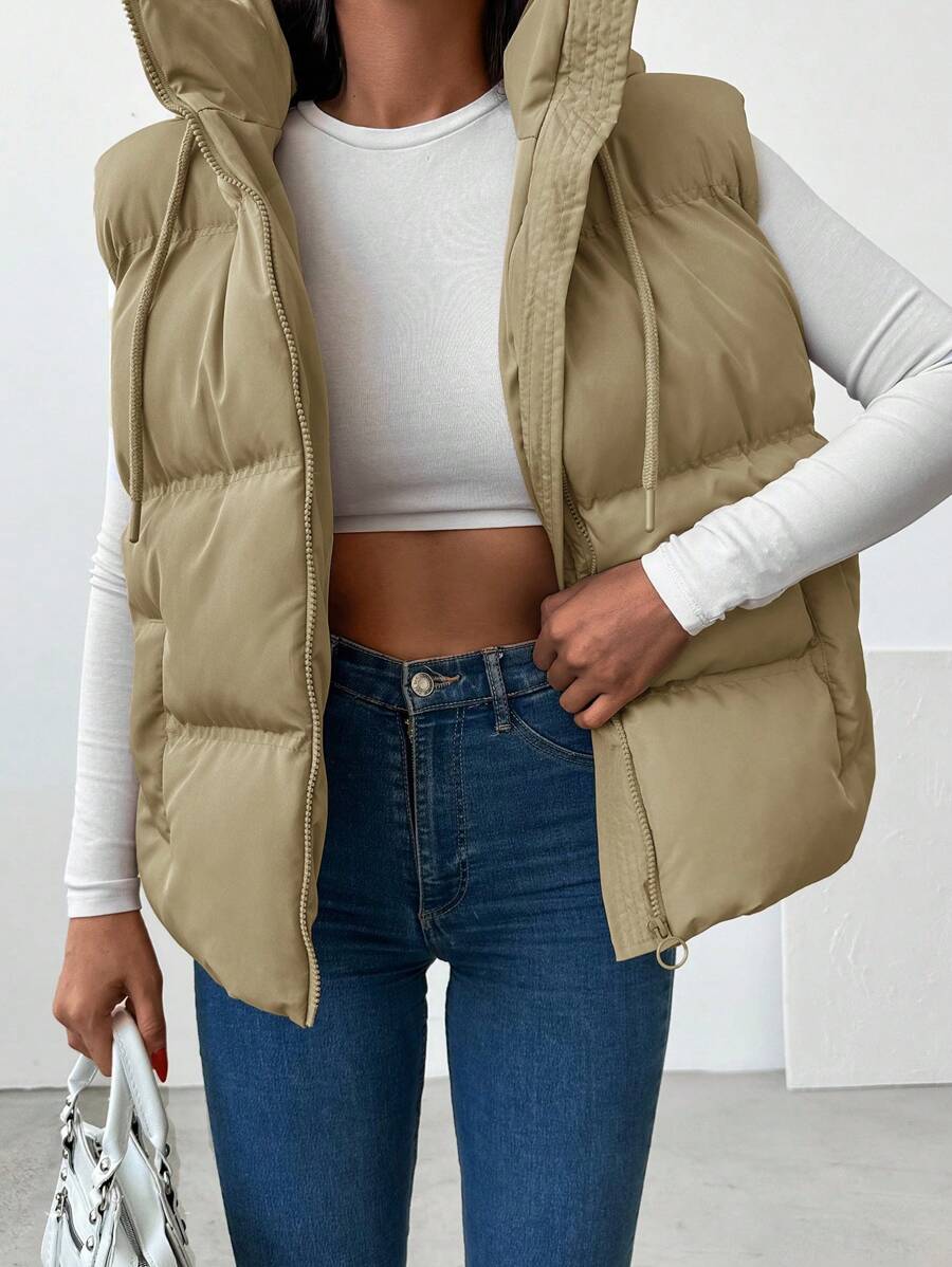 EURMUSE Zip Up Drawstring Hooded Puffer Vest Coat - Beige - View 1