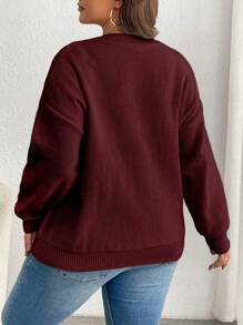 Calvaya Suéter de punto casual de cuello redondo de manga larga de unicolor de talla grande, tejido de punto, para otoño e invierno - Burdeos - Ver 2