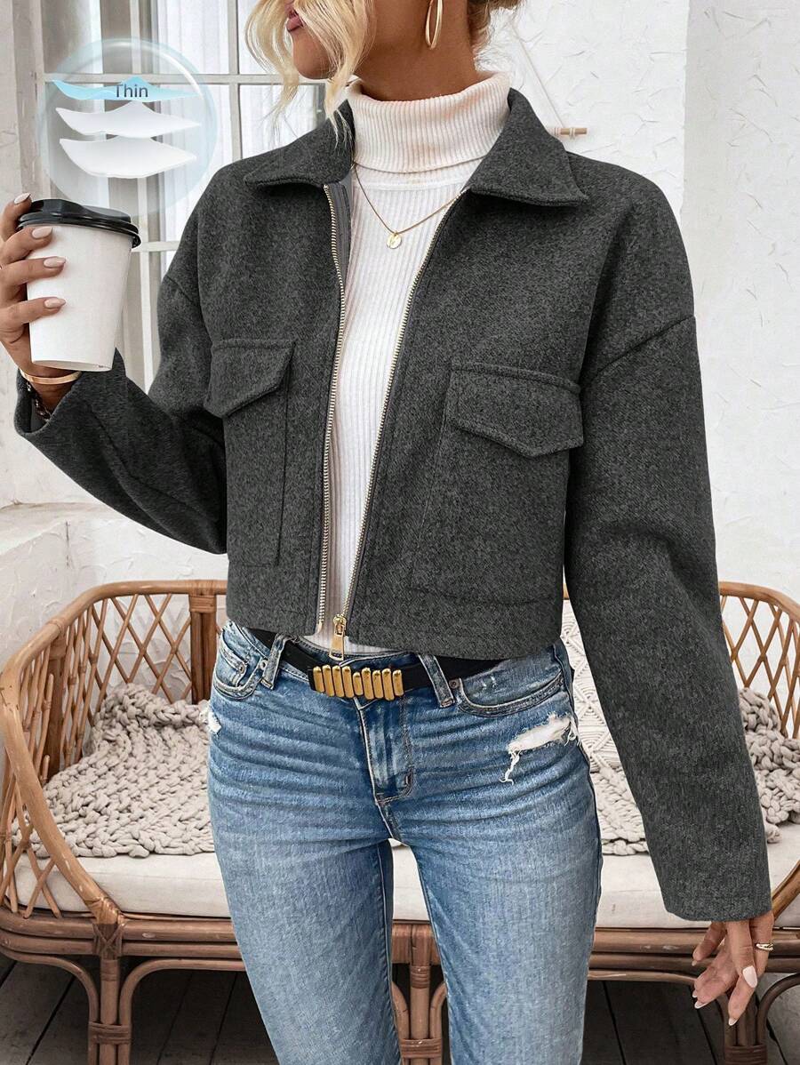 Calvaya Solid Loose Drop Shoulder Notched Collar Flap Pocket Zipper Coat Fall Winter Cloth For Women - Dark Grey - View 1