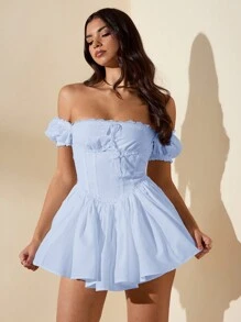 SHEIN BAE 女士优雅紧身衣适合夏季海滩度假、约会、郊游、派对、姐妹聚会。露肩、泡泡袖、白色紧身衣，适合秋季返校季、派对、外出装 - 淺藍色 - 查看 3