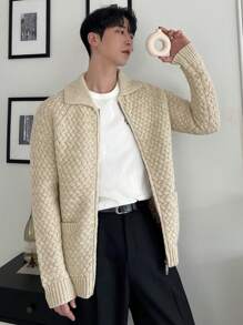DAZY 男士纯色前拉链长袖口袋休闲上衣，日常穿着夹克秋冬 - 米色 - 查看 6
