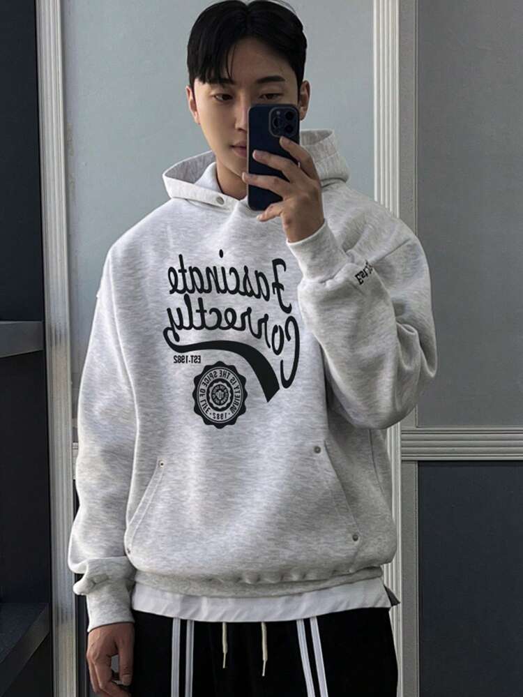 Men's Letter Print Pocket Casual Hoodie, Minimalist Design Fall,Winter