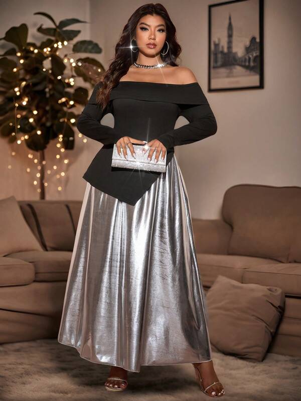 Allurite 大码优雅经典黑灰色拼色单肩不对称开衩中长连衣裙，金属光泽，修身设计长款女装