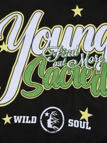 ROMWE MEN Street Life Men's Preppy Letter Color Block Front Button Long Sleeve Pocket Print Casual Baseball Jacket - Black and White - View 5