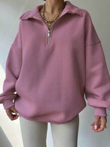 INAWLY Women's Solid Color Drop Shoulder Long Sleeve Half Placket Zipper Casual Sweatshirt, Autumn/Winter , Graduation, Teachers For Women, Back To School Pullover Fall - Watermelon Pink - View 3
