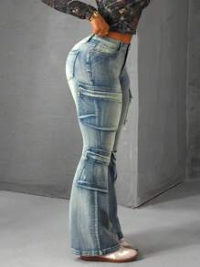 SHEIN ICON Jeans de mezclilla casuales y versátiles con múltiples bolsillos y vuelo para mujer
