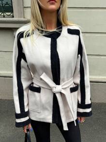 Forever 21 Neue Winterkontrastfarben-Jacke mit einseitigen langen Ärmeln, vielseitig und minimalistisch im Streetwear-Stil, warme Winterjacke für Frauen, Outfit für Silvester, Schnee, Neujahr und Weihnachten, weißer Mantel mit Fleece, elegantes Outfit