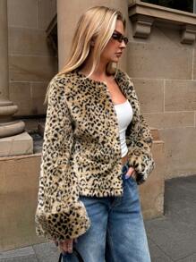Forever 21 秋冬女款短款豹纹外套 Y2K 经典黑色长袖圣诞新年派对女士外套宽松外套节日圣诞节新年夜 - 彩色 - 查看 5