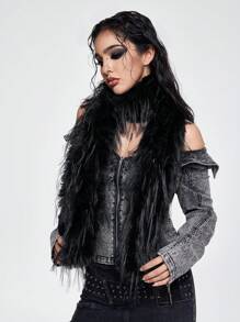 ROMWE Grunge Punk 1 件简单纯色毛绒围巾，Y2K 温暖毛茸茸超长围巾，厚厚的日常围巾 - 黑色 - 查看 2