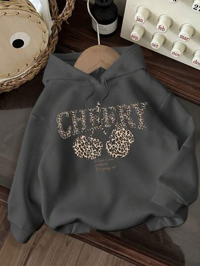 SHEIN EZwear Casual Simple Leopard & Cherry Print Hoodie Loose Long Sleeve Sweatshirt For Women, Spring & Autumn Autumn And Winter Back To School