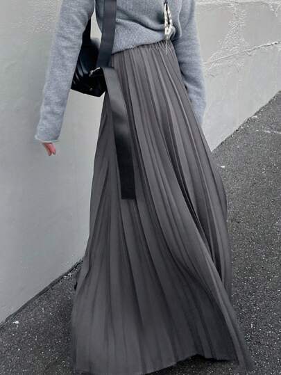 FRIFUL 女士纯色褶裥松紧腰长款休闲通勤半身裙