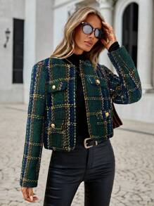 SHEIN Clasi Women's Autumn/Winter Plaid Long Sleeve Button Design Elegant Short Overcoat - Olive Green - View 5