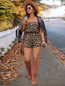 SHEIN VCAY Bộ đồ liền thân không dây họa tiết da báo cỡ lớn, bộ đồ liền thân giản dị tối giản và thời trang để mặc hàng ngày - Cà phê nâu - Xem 4