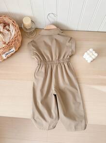 SHEIN LMoss Kids Baby Girl Cute Beige Short Sleeve Cinched Waist Jumpsuit, Collared, Summer - Camel - View 2