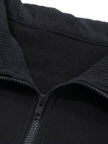 DAZY Contrast Color Block Fold-Over Collar Loose Fit Fleece Sweatshirt For Women - Black - View 5