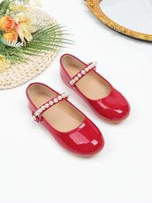 Fashion Girls' Faux Pearl Soft Bottom Princess Shoes, New Stylish And Versatile Flat Shoes - Red - View 1