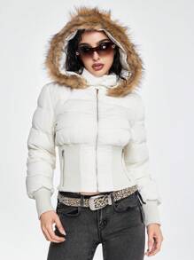 ROMWE Grunge Punk Áo khoác trùm đầu có mũ trùm đầu Snow Y2K Gyaru gợi cảm cho nữ - Màu be - Xem 3