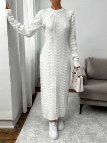 EURMUSE Neues midlanges gestricktes Pulloverkleid für Frauen, oversized, geeignet zum Schichten, dickes Material, für Herbst und Winter - Weiss - Übersicht 3