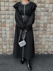 FRIFUL Women Ruffle Hem Color Block Midi Dress,Fall Dress - Black - View 2