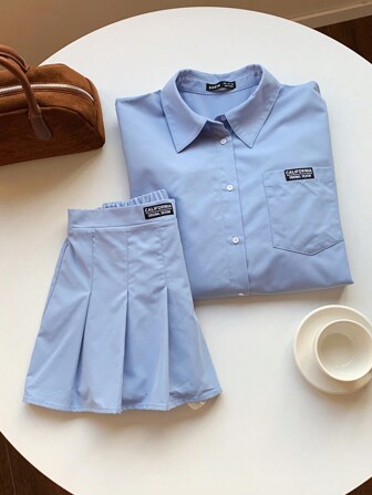 Comfortcana Ladies New Solid Color Drop Shoulder Shirt & Pleated Skirt Two Pieces Set