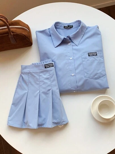 Comfortcana 女士新款纯色落肩衬衫和百褶裙两件套