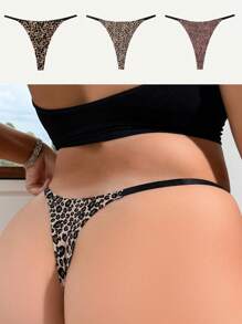 3 piezas/paquete Bragas tipo g-string sin costuras y sexis con estampado de leopardo para mujeres de talla grande