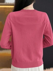 SHEIN LUNE Women's Casual Loose Solid Color Single Breasted Cardigan, Long Sleeve, Autumn/Winter - Hot Pink - View 2