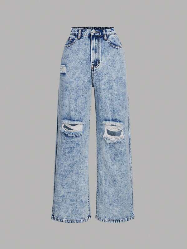 SHEIN Girlism Teen Girls' Front Button Pockets Simple Distressed Casual Jeans