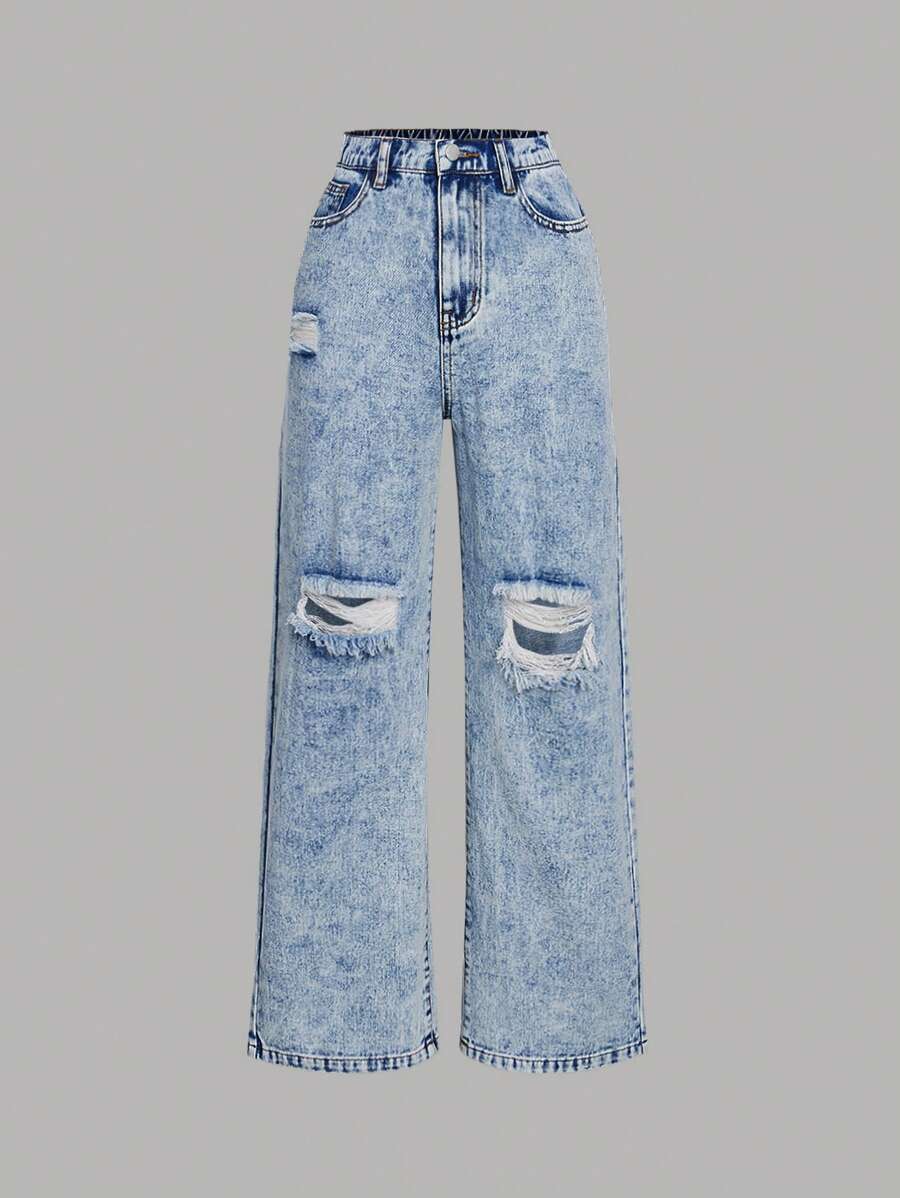 SHEIN Girlism Teen Girls' Front Button Pockets Simple Distressed Casual Jeans - Medium Wash - View 1