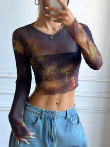 SHEIN EZwear Women Round Neck Long Sleeve Printed Sheer Casual Top, For Daily Wear