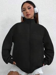 Flirla Áo nỉ dài tay cổ đứng, rộng rãi, thời trang thu đông, xuân/thu, túi thường ngày cho nữ, áo hoodie dài tay cổ đứng, màu đen thông thường, có khóa kéo, vai trễ, có khóa kéo, áo dài tay - màu đen - Xem 6