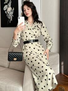 DAZY 女式波尔卡圆点长袖衬衫裙，法式复古简约优雅收腰修身长裙，秋季连衣裙 - 綠色 - 查看 8